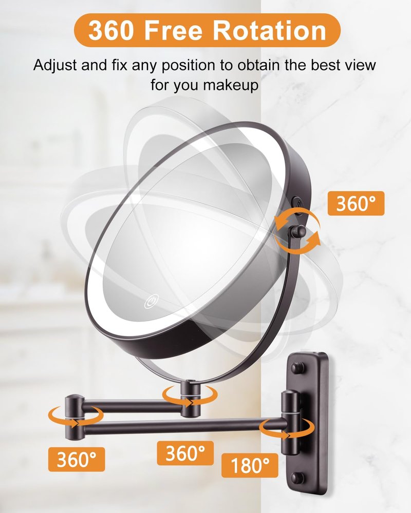 DECLUTTR 9 Inch Wall Mounted Lighted Makeup Mirror, Double-Sided Magnifying Mirror 1x/10x, 3 Colors Lighted Makeup Mirror, Touch Dimmable 360° Rotation Foldable Light Up Mirror, Bronze