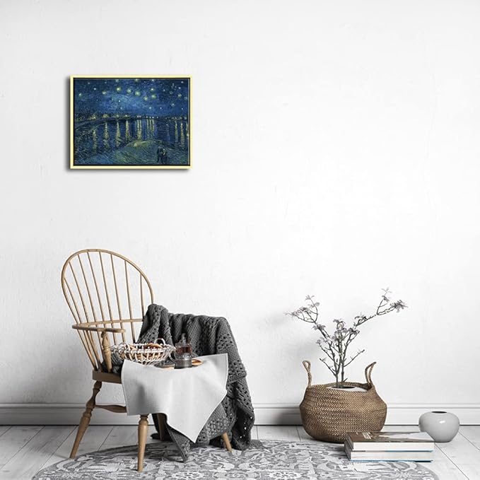 Wieco Art Framed Art Canvas Prints of Starry Night Over The Rhone Canvas Prints Wall Art by Van Gogh Paintings Reproduction Abstract Artwork for Living Room Wall Decor Golden Frame