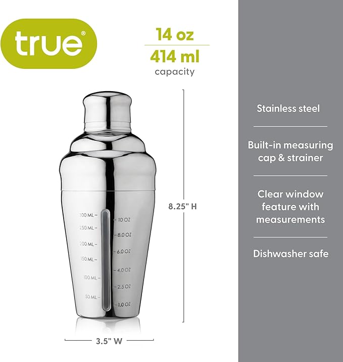 True Vista Stainless Steel Cocktail Shaker with Measurements for Cold Brew Cocktails, Whiskey Sour, Espresso Martini Shaker, Home Bar Essentials, Bar Cart Accessories, Bartender Gifts, 14oz, Set of 1
