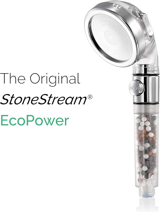 Original StoneStream Filtered Shower Head, Eco Power High Pressure Water Softener Showerhead with ON/OFF switch and Spa like Ionic beads for Dry Skin & Hair — 3 Spray Settings