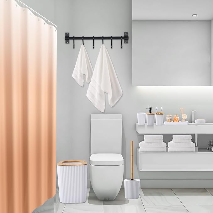 White Bathroom Set with Shower Curtain and Bath Towels, Beige Ombre Waterproof Shower Curtain with Stainless Steel Hooks, White Bathroom Accessories Set for Home Decor