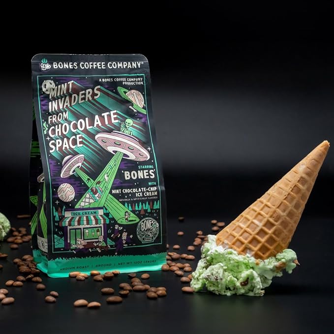 Bones Coffee Company Mint Invaders, Mint Chocolate Chip Flavored Coffee, Medium Roast Low Acid Arabica Beans Compatible with Auto drip and French Press Coffee Maker, 12 Oz Whole Bean