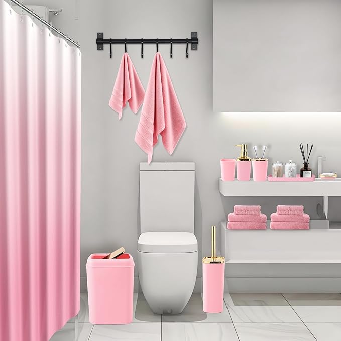 Pink Bathroom Accessories, 24 Pieces Pink and Gold Bathroom Accessories Set with Shower Curtain, Bath Towels, Trash Can, Soap Dispenser and Soap Dish for Bathroom/Housewarming