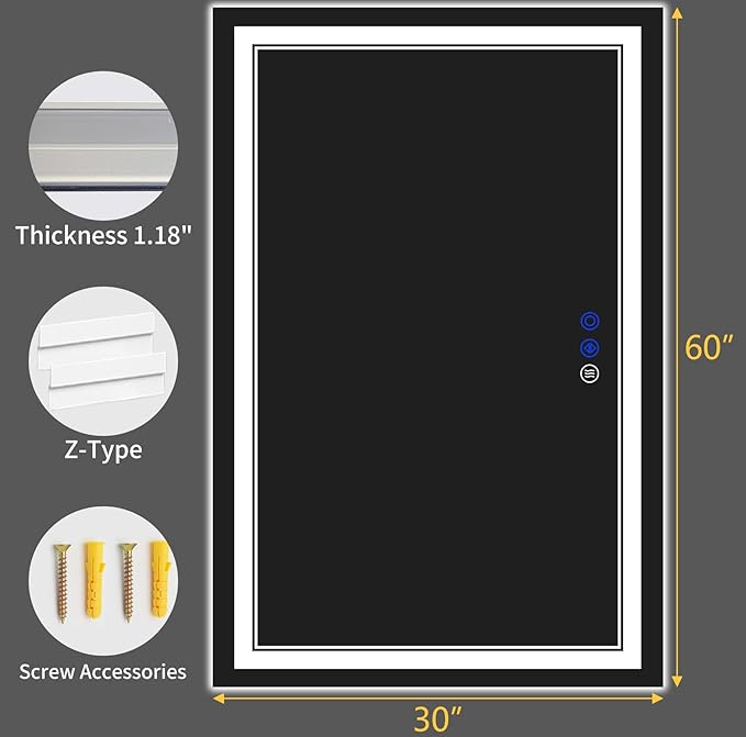 60"x30" LED Bathroom Mirror with Anti-Fog, Stepless Dimmable Lights, 3 Color Modes, Shatter-Proof Tempered Glass, Memory Function & Waterproof Design