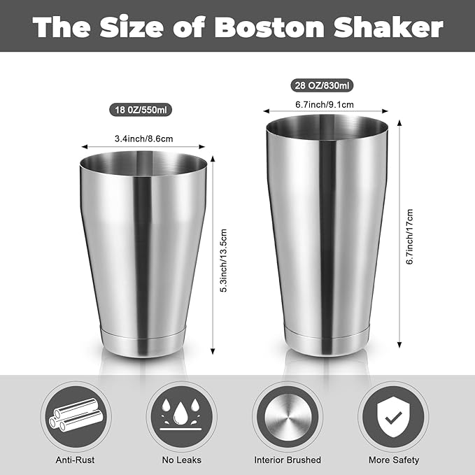 Sabary 12 Pcs Cocktail Shakers Professional Bar Shaker Boston Set Stainless Steel Martini Drink Mixer Basic Tool Weighted Shake Metal Can Cocktail Shaker Set, 18 Oz, 28 oz (Silver)