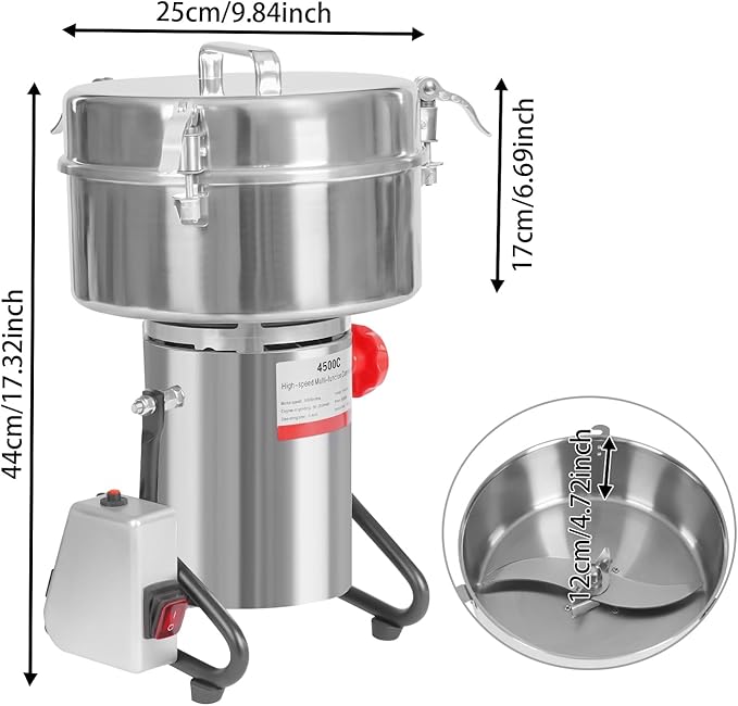 Electric Grain Mill Grinder, 4500g 5000W High Speed Commercial Spice Grinders, Stainless Steel Pulverizer Powder Machine Grinding Machine for Dry Cereal Grain Peanut Bean Corn Cereal Seasoning Herb