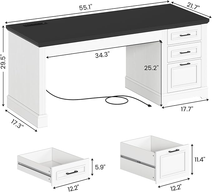 SEDETA Office Desk with 3 Drawers, 55" Executive Computer Desk with Storage Drawers, Farmhouse Desk with Power Outlet for Home Office, White