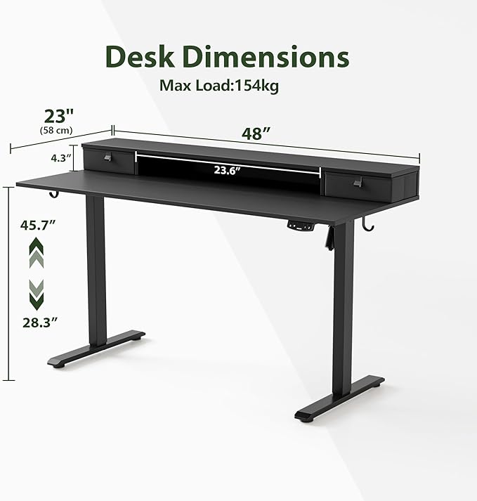 Agilestic 48 x 23 Inches Electric Standing Desk with 2 Storage Drawers, Adjustable Height Sit and Stand Computer Table with Splice Board, Black