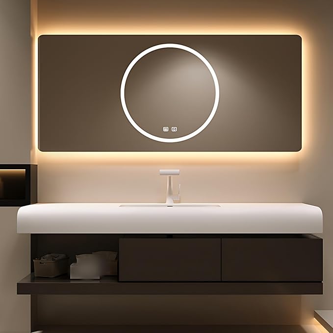 64IN Bathroom Vanity with Sink - Bathroom Cabinet Set has 2 Drawers & Overflow Hole Wall Mounted | LED Practical Defogging Mirror, Open Compartments, Seamless Rock Slab Basin (Coffee)