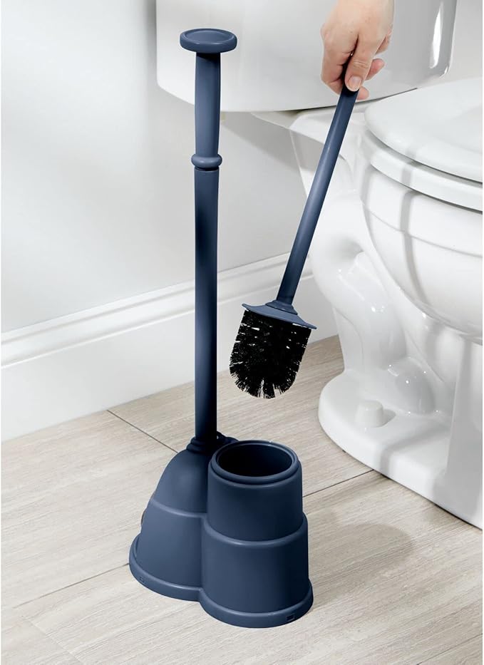 mDesign Plunger and Brush Set for Toilet Bowl - Hidden, Modern Toilet Brush and Plunger Set with Caddy - Brush Cleaner and Plunger Combo with Holder for Bathroom - Hyde Collection - Navy Blue