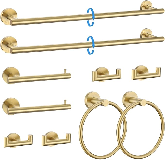 10-Piece Brushed Gold Towel Bar Set Bathroom Hardware Set Include 23.6in Towel Bar Toilet Paper Holder Towel Ring Upgraded Towel Hooks Towel Holder Set for Bathroom Stainless Steel Wall-Mounted