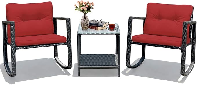 COSTWAY 3 Pieces Patio Rattan Rocking Chair Set, Outdoor Conversation Furniture Sets with Coffee Table, Storage Shelf and Cushions, Modern Bistro Set for Porch, Backyard, Garden, Red