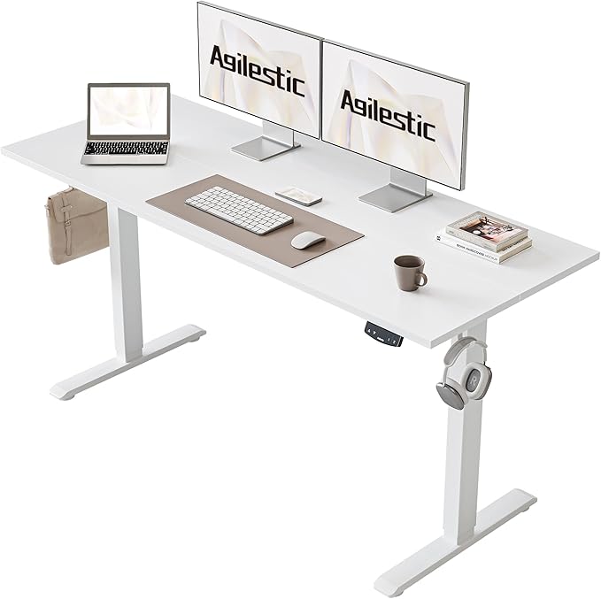 Agilestic Electric Standing Desk, 55 x 24 Inches Height Adjustable Desk, Sit Stand up for Work Office Home, Ergonomic Rising Computer Table with Memory Preset, White