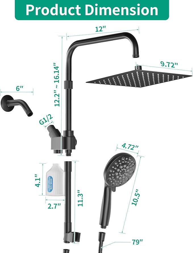 10" Filtered Rain Shower Head with Handheld Spray Combo, High Pressure Shower Head and Handle Set with Filter, Dual Shower Head with Extra Long Hose and Adjustable Extension Arm (Black)