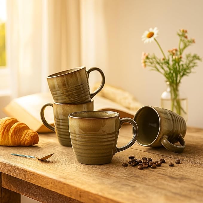14 oz Coffee Mugs Set of 4, Ceramic Coffee Mugs with Handle – Reactive Glaze Stoneware Coffee Mug Set for Tea, Latte, Cappuccino, Cocoa, Hot Chocolate – Microwave & Dishwasher Safe - Green