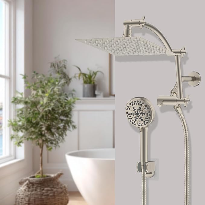 Hibbent All Metal Shower Head, 8'' High Pressure Rain Shower Head/Handheld Showerhead Combo with 16'' Adjustable Arc-shaped Extension Arm, 10 Sprays, 71'' Hose, Showerhead Holder, Brushed Nickel