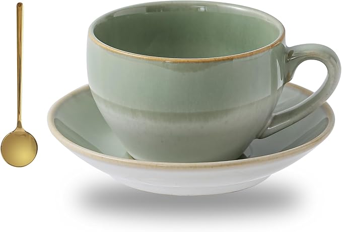Porcelain Coffee Cup with Saucer Spoon, Vintage Design Ceramic Latte Art Cappuccino Barista Espresso Tea Cup with Saucer (11.6 oz, 350ml, White Both Green)
