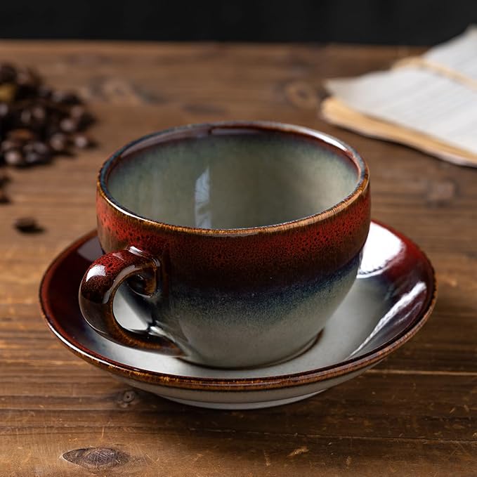 Porcelain Coffee Cup with Saucer Spoon Set, Vintage Design Ceramic Latte Art Cappuccino Barista Espresso Tea Cup with Saucer (11.6 oz, 350ml, Ink red)