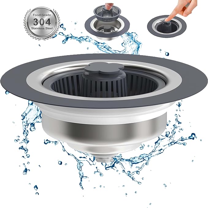 Kitchen Sink Drain Strainer Stopper 304 Stainless Steel 3 in 1 Sink Protectors Pop Up Anti-Clogging Kitchen Sink Stopper Basket Filter for US Standard 3-1/2 Inch Drain Cover