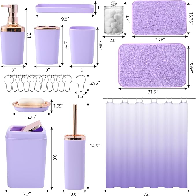 Bathroom Accessory Set–Bathroom Sets with Shower Curtain and Rugs, Non Slip Bathroom Rugs Super Absorbent, Light Purple Ombre Shower Curtain with Hooks, Lavender Bathroom Sets Complete for Home