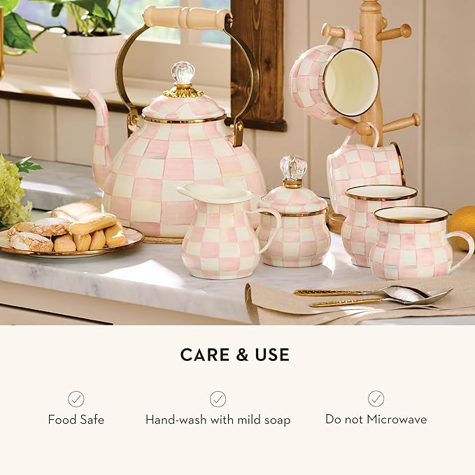 MACKENZIE-CHILDS Enamel Mug, Cute Enamelware Coffee and Tea Mug, Unique Drinkware, 16 Ounces, Pink-and-White Rosy Check, Set of 4