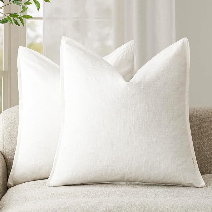 Foindtower Pack of 2, Decorative Linen Soild Throw Pillow Covers Soft Accent Cushion Case Boho Farmhouse Neutral Pillowcase for Couch Sofa Bed Living Room Home Decor 22 x 22 Inch Cream White