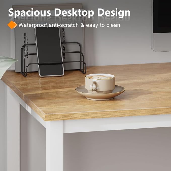 Need Computer Desk, 47 inch Home Office Desk, Modern Simple Style Home Office Gaming Desk, Basic Writing Table for Study Student, White Metal Frame, Teak