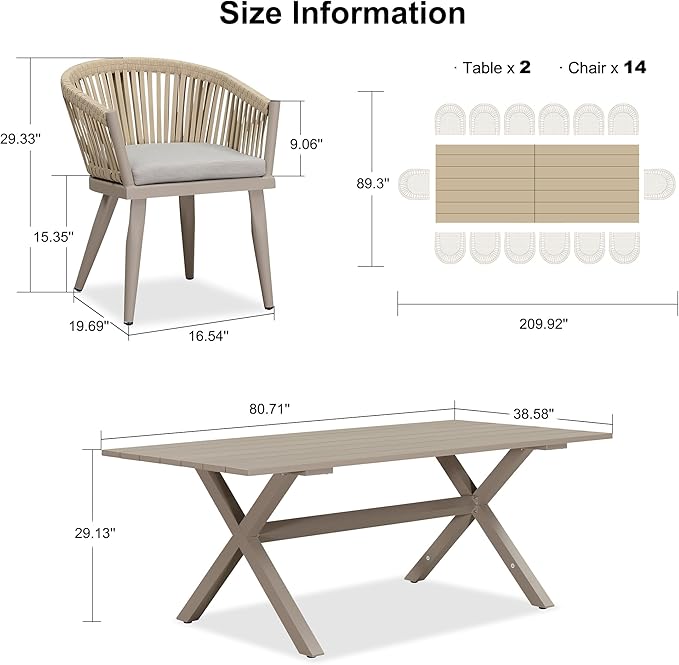 PURPLE LEAF 16 Pieces Outdoor Dining Set with Patio Aluminium Rectangular Dining Table and Wicker Chairs Modern Furniture Cushions Sets for Backyard Indoor Decor Kitchen Champagne