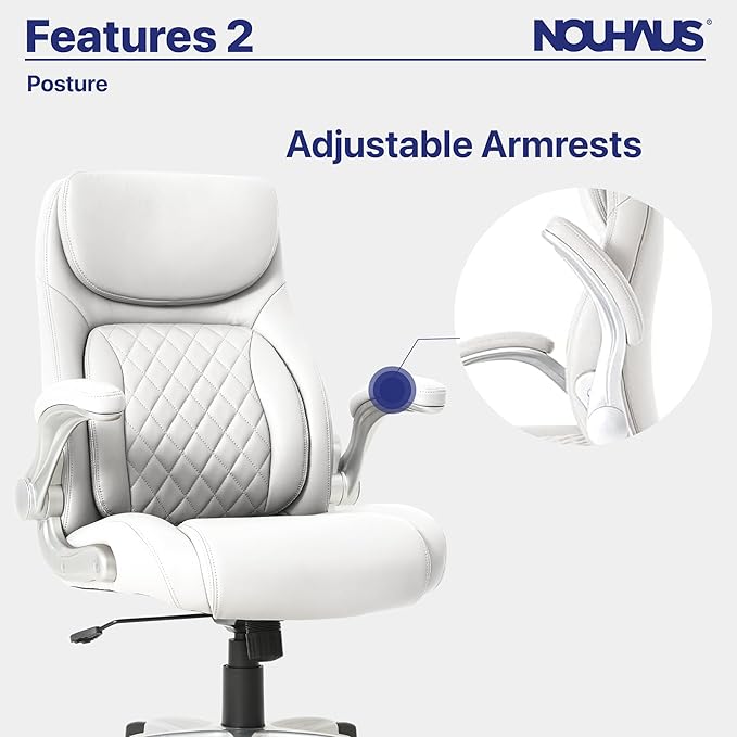 Nouhaus +Posture Ergonomic PU Leather Office Chair. Click5 Lumbar Support with FlipAdjust Armrests. Modern Executive Chair and Computer Desk Chair (White)