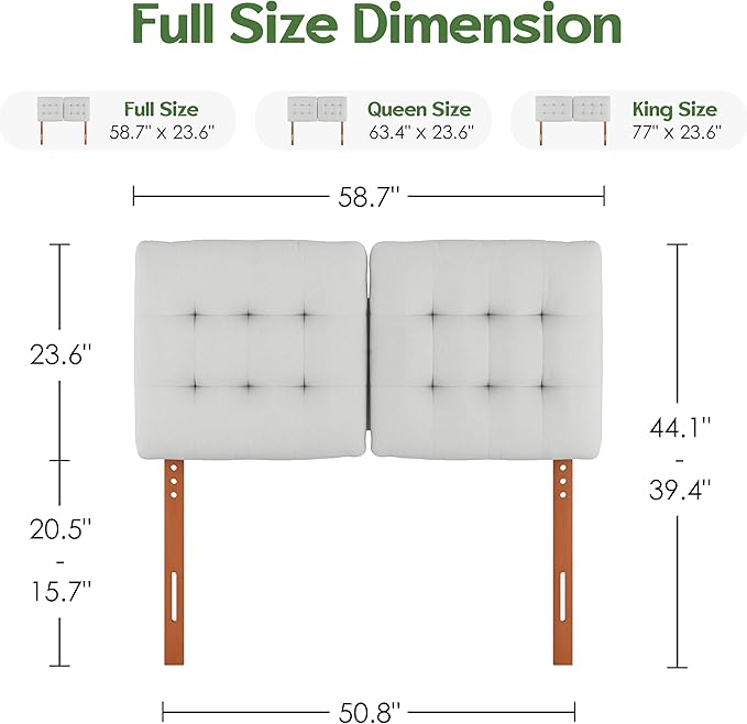 Tufted Upholstered Full Headboard, Adjustable Height Full Size Headboard Only from 39”to 44” with Durable Solid Wood Legs, Modern Button Diamond Fabric Head Board with Width Adapters, Beige