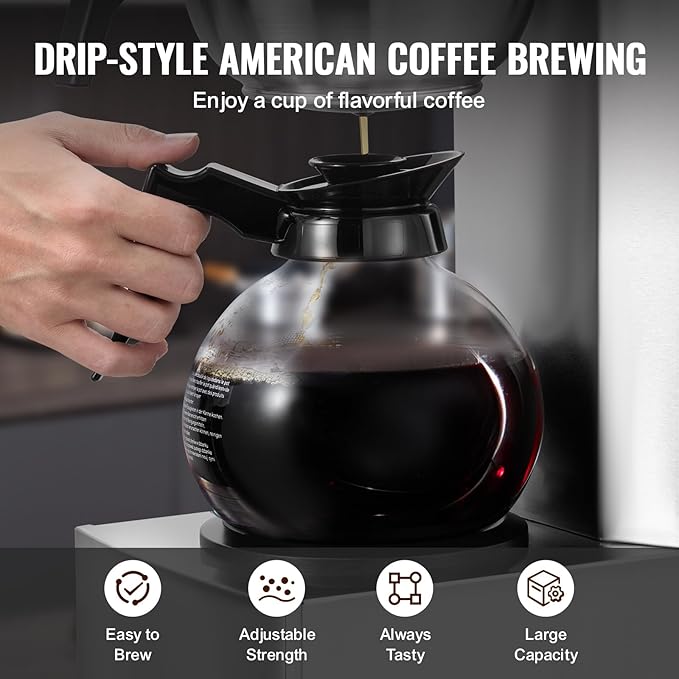 VEVOR 12 Cups Commercial Drip Coffee Maker, Coffee Maker Machine with 2 Glass Carafes and 2 Warmer Plates, Stainless Steel Pour Over Coffee Brewer for Restaurant, Office, Cafe