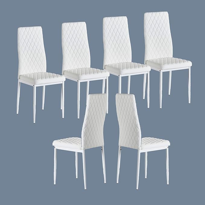 JT Modern Minimalist Dining Chair Fireproof Leather Sprayed Metal Pipe Diamond Grid Pattern Restaurant Home Conference Chair Set of 4 Or 6 (6, White)