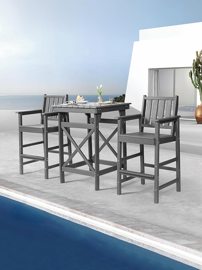 3-Piece Adirondack Chairs and Table Set, HDPE Patio Bar Sets, All Weather Outdoor Bar Stools Set, HDPE Adirondack Bar Height Chairs and Bar Table for Balcony, Pool, Porch, Smoke Gray