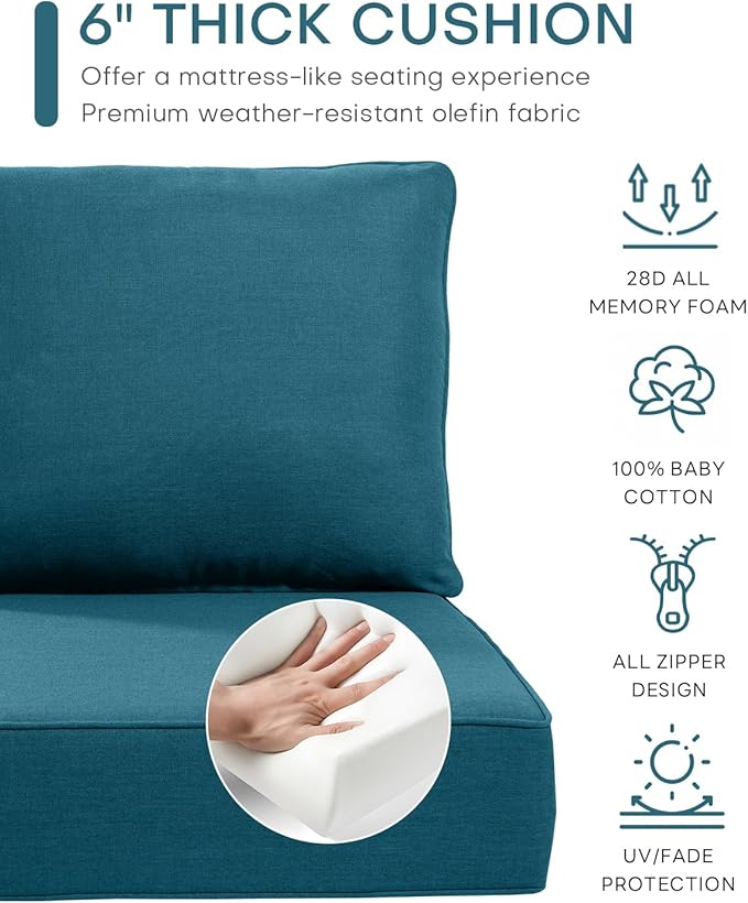 Luxury 22x24/22x25 6-Inch Outdoor Cushions for 5 Peice Patio Furniture Set - Set of 5 Water-Resistant Pillow for Dining Rocking Swivel Chairs Loveseat Couch Sectional Sofa - Peacock Blue