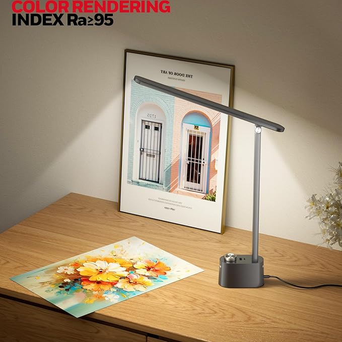 Honeywell Upgraded LED Desk Lamp - H01 Pro Sunturalux™ Foldable Desk Light with USB A+C Charging Ports, 3 Color Modes Dimmable Table Lamp for Home Office Reading(Black)