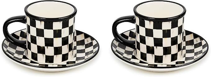 MACKENZIE-CHILDS Set of 2 Stoneware Espresso Cup and Saucer, Cute Coffee Cups, Black-and-White Courtly Check