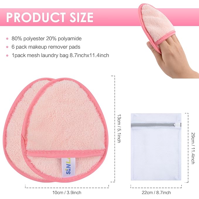 SINLAND Reusable Makeup Remover Pads For Face,Eye,Lips Microfiber Gentle Facial Cleansing Cloths for All Skin Types Friendly for Makeup Remover With Laundry Bag 5.1inchx3.93inch Pink Pack of 6