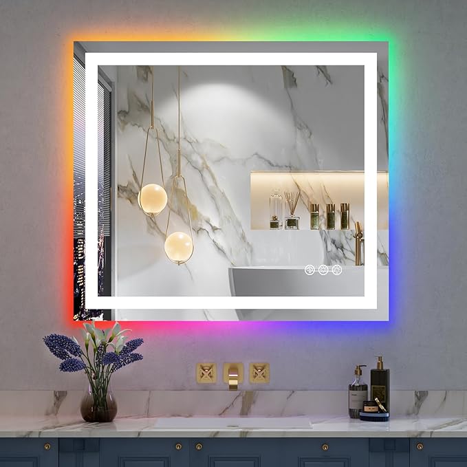 32x36 Inch RGB LED Bathroom Mirror Front Light and RGB Backlit Lighted Vanity Mirror for Bathroom Wall Mounted Dimmable Anti Fog Memory Shatter-Proof IP54 Waterproof Horizontal/Vertical