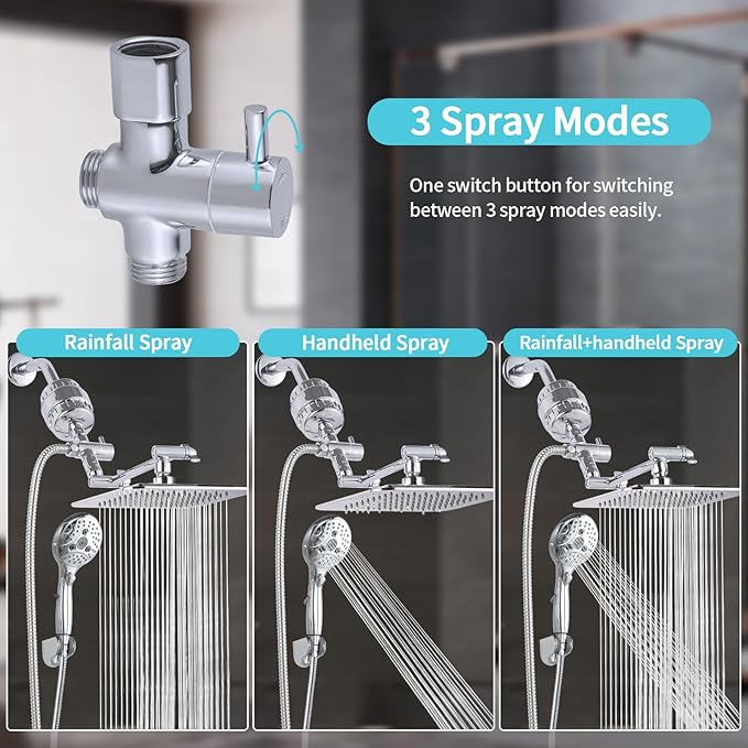10'' Dual 20 Stage Filtered Shower Head with Handheld, 6 Spray Settings Handheld Shower Head High Pressure Rainfall Filter Combo with 12'' Adjustable Extension Arm, 71'' Shower Hose (Chrome Polished)