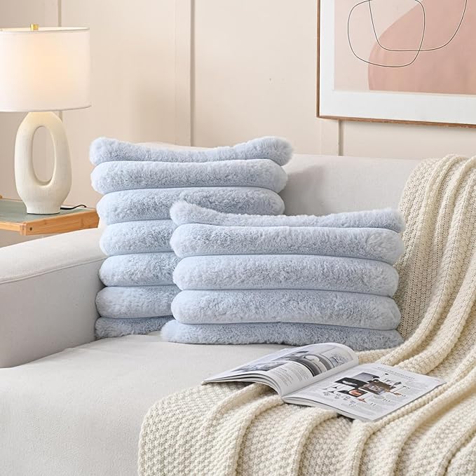 FUTEI Light Blue Decorative Throw Pillow Covers 16x16 Inch Set of 2, Square Soft Faux Rabbit Fur Thick Striped Cushion Cover,Winter Home Decor for Couch Bed Living Room