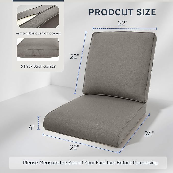 10-Piece Outdoor Patio Cushion Set - Fade & Water Resistant with Removable Olefin Cover, 22x24x4 Inch Memory Foam Cushions for Wicker Sectional Sofa – Grey/Regular