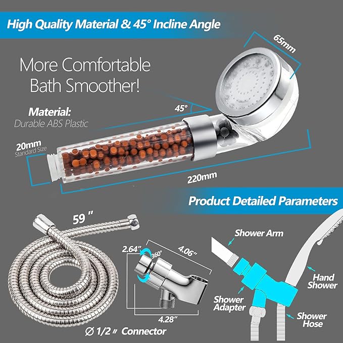 LED Shower Head with Handheld, High Pressure Shower Head with Hose, Holder & PTFE Tape etc, 3 Water Temperature-Controlled Water Saving Filtered Shower Head for Dry Hair& Skin