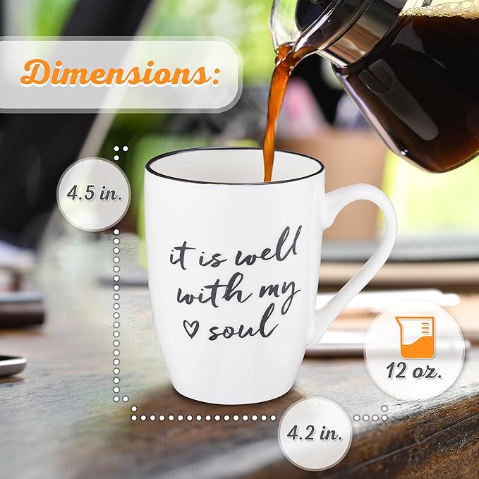 Christian Art Gifts Microwave & Dishwasher Safe Encouraging Ceramic Coffee & Tea Mug for Women & Men: It is Well With My Soul Inspirational Non-toxic Novelty Heart Beverage Cup, White & Black, 12 oz.