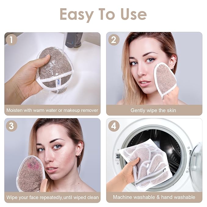 SINLAND Reusable Makeup Remover Pads For Face,Eye,Lips Microfiber Gentle Facial Cleansing Cloths for All Skin Types Friendly for Makeup Remover With Laundry Bag 5.1inchx3.93inch Pack of 6