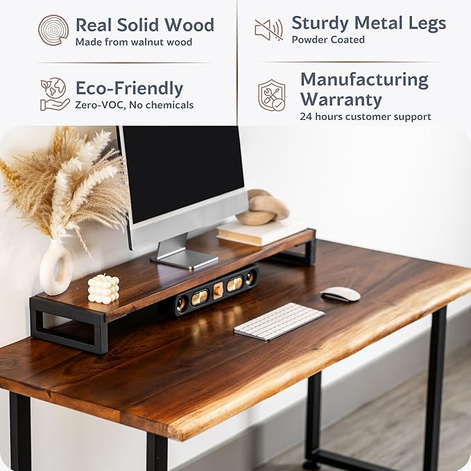 Solid Walnut Wood Computer Desk with Monitor Stand – Live Edge Wooden Home Office Desk – Handmade Real Wood Table for Work, Study, or Gaming - 60” x 27”