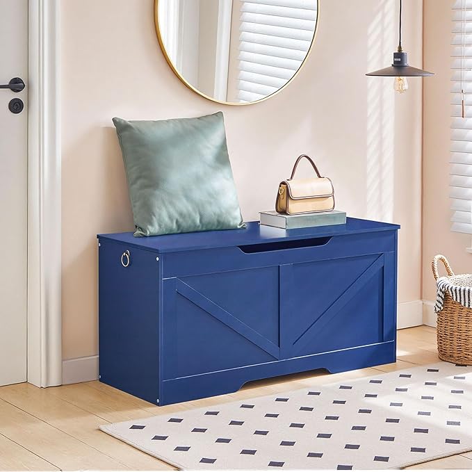 HOOBRO Storage Bench, 39.4" Retro Wooden Storage Chest with U-Shaped Cut-Out Pull, Safety Hinge, Supports 220 lb and Easy Assembly for Toy Box Organizer (Blue) BU771CW01