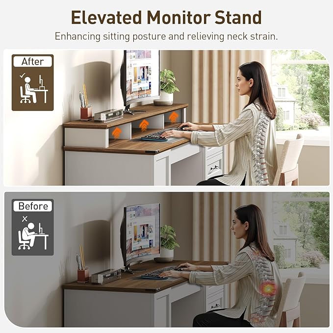 55'' Farmhouse Executive Desk with Drawers, Computer Desk with File Cabinet and Side Bookshelf, Writing Gaming Desk with Monitor Stand & Charging Station, White and Walnut