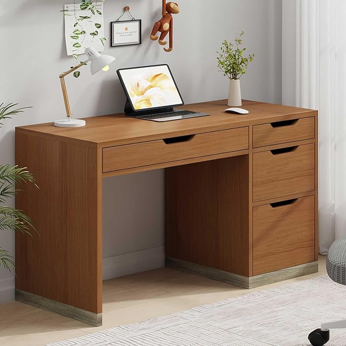 48 Inch Small Desk with 4 Drawers, Computer Desk with Storage File Cabinet for Bedroom, Home Office Desk with Storage for Small Space, Brown