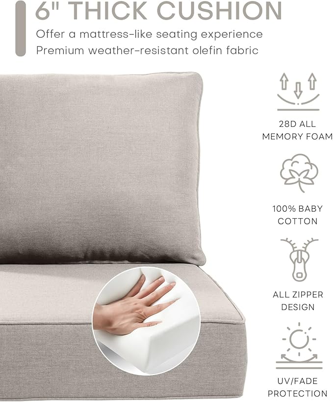 Luxury 22x24/22x25 6-Inch Outdoor Cushions for 5 Peice Patio Furniture Set - Set of 5 Water-Resistant Pillow for Dining Rocking Swivel Chairs Loveseat Couch Sectional Sofa - Beige