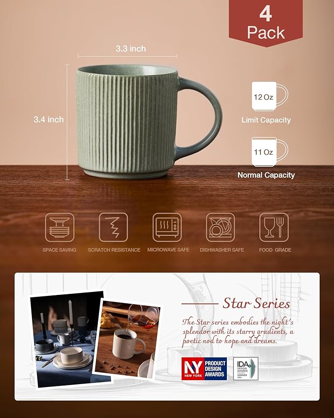 famiware Coffee Mug Set for 4, Star 12 oz Catering Mugs Cup Set with Handle for Coffee, Tea, Cocoa, Milk - Ceramic Stoneware Drinkware Set, Matte Green